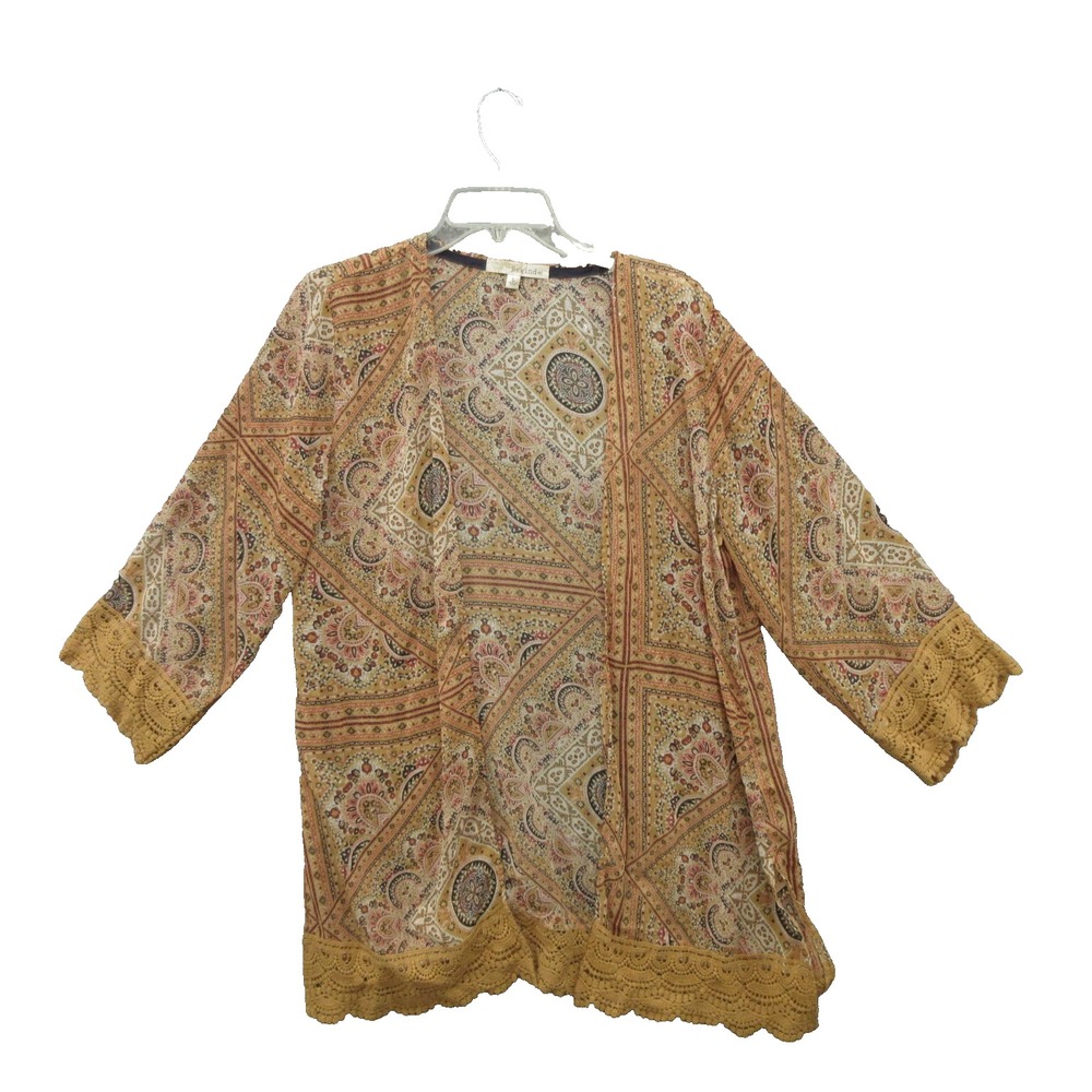 Rewind Womens Blouse Size Large L 3/4 Sleeve Crochet Trim Deep V Neck